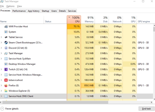 CPU 100% no Windows task manager