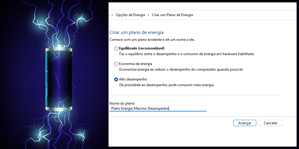 Plano de energia windows para melhorar desempenho do pc